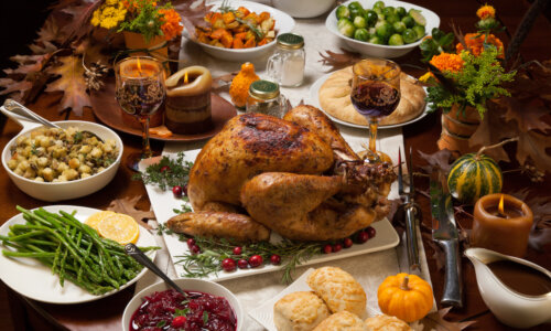 Thanksgiving dinner dishes on table