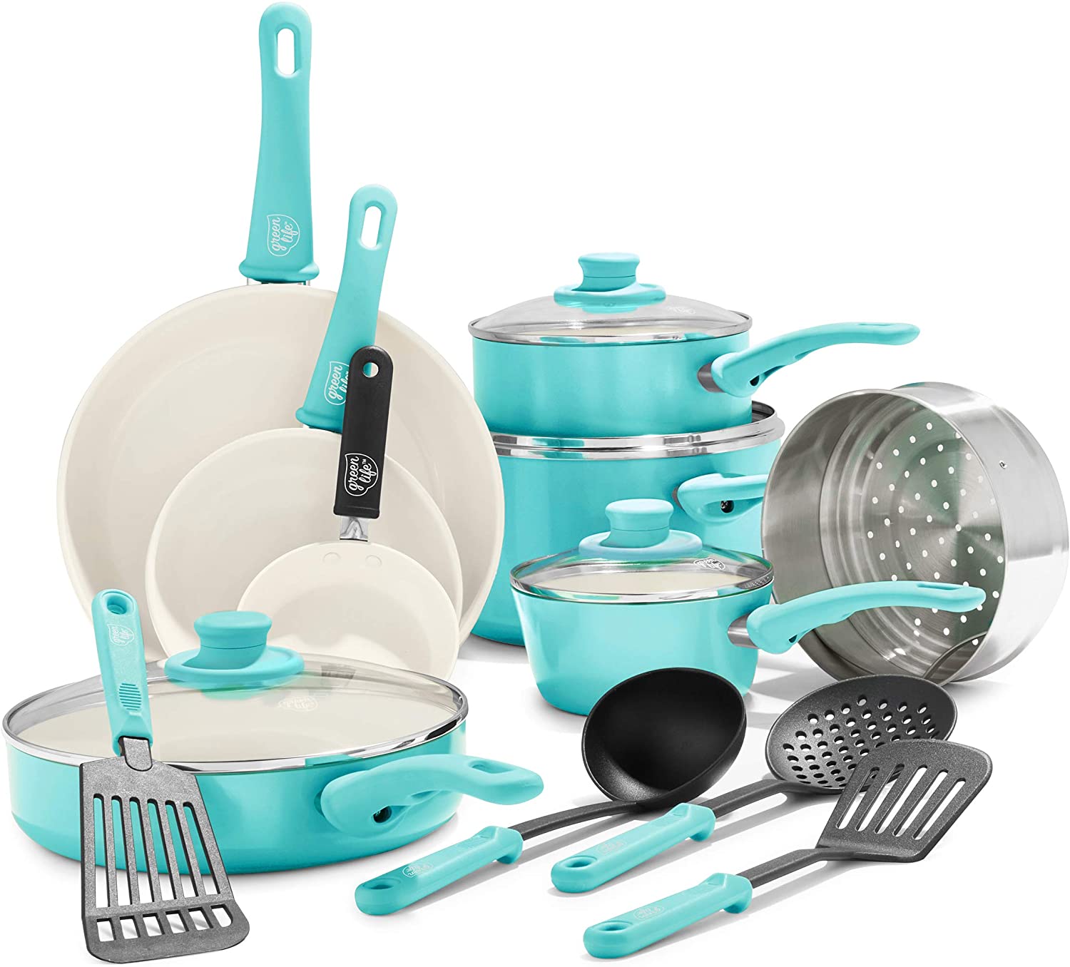 GreenLife Soft Grip Ceramic Nonstick Cookware Set, 16-Piece