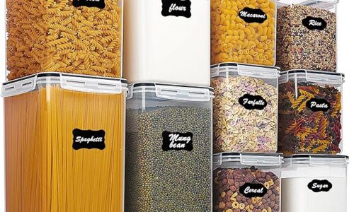 10 stacked dry food storage containers