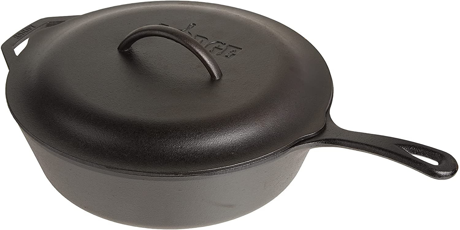 Lodge L10CF3 Deep Cast Iron Skillet With Lid, 5-Quart