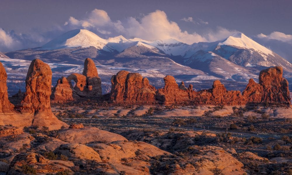 Arches National Park, Utah at sunset with La Salle mountains