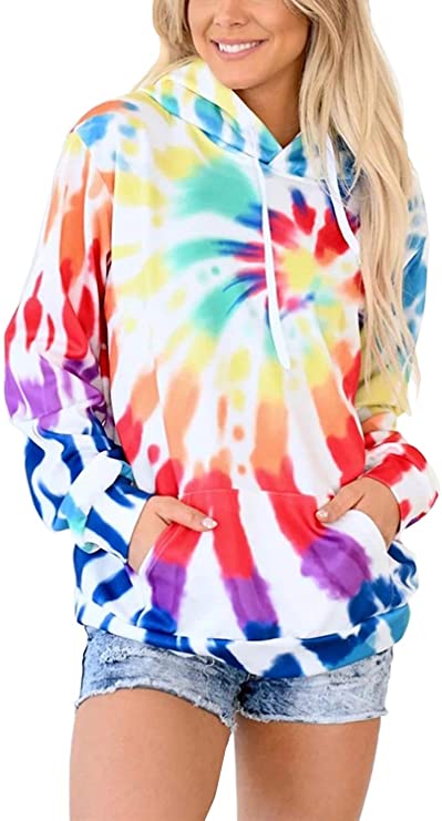 HVEPUO Loose-Style Rainbow Tie Dye Hoodie For Women