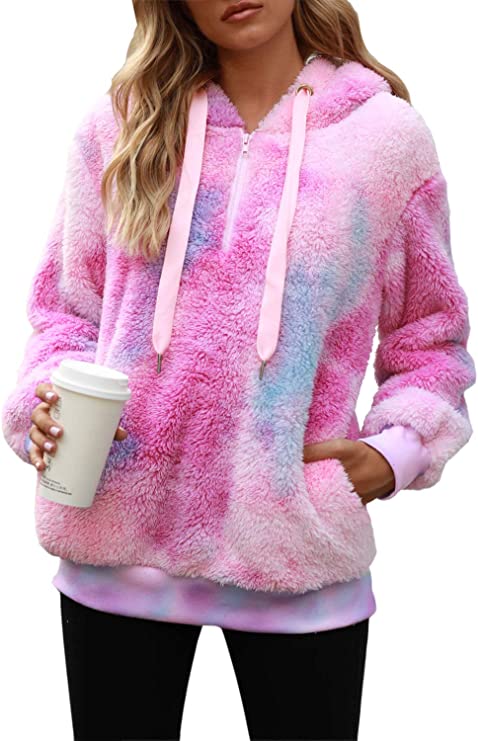 Nirovien 1/4 Zip Sherpa Tie Dye Hoodie For Women