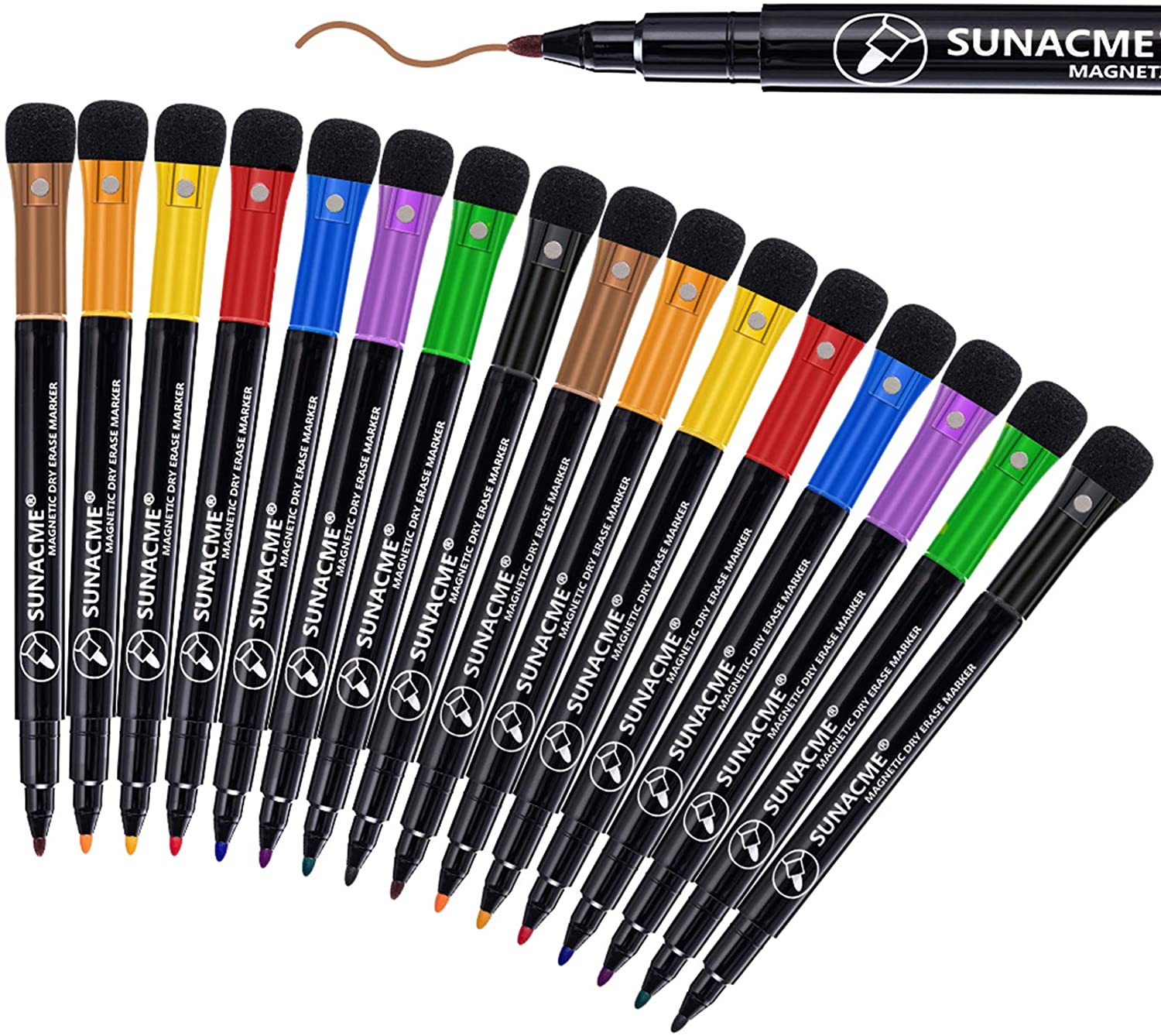 Sunacme Built-In Felt Erasers Magnetic Fine Point Dry Erase Pens, 16-Piece