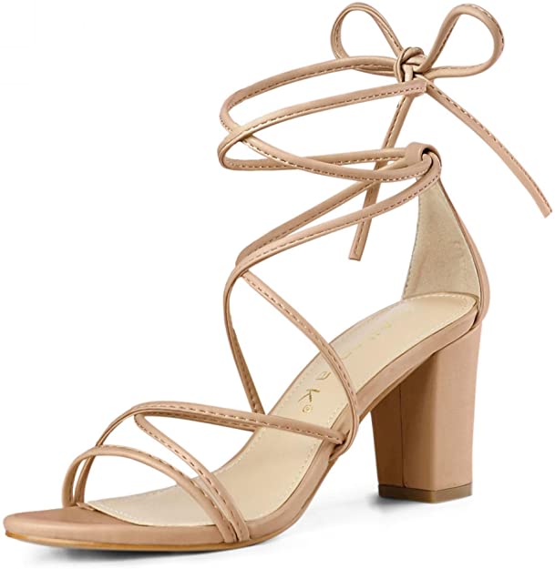 Allegra K Chunky Heel Nude Lace-Up Heels