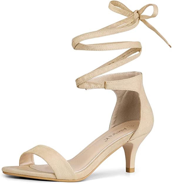 Allegra K Kitten Heel Nude Lace-Up Heels