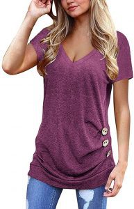 Mixshe Side Button Detail V Neck Short Sleeve Top For Women