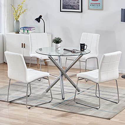 SICOTAS Contemporary Glass & Chrome Small Dining Set, 5-Piece