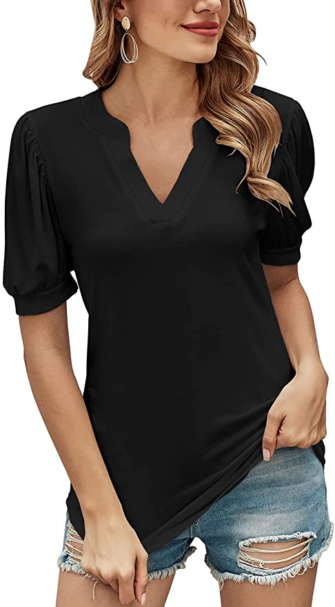 Romanstii V-Neck Loose Short Puff-Sleeve Top