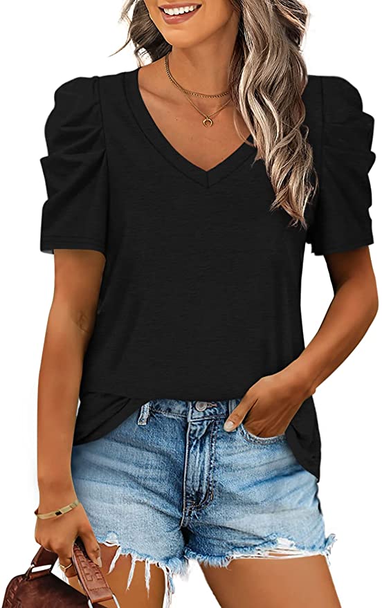 XIEERDUO V-Neck Lightweight Short Puff-Sleeve Top