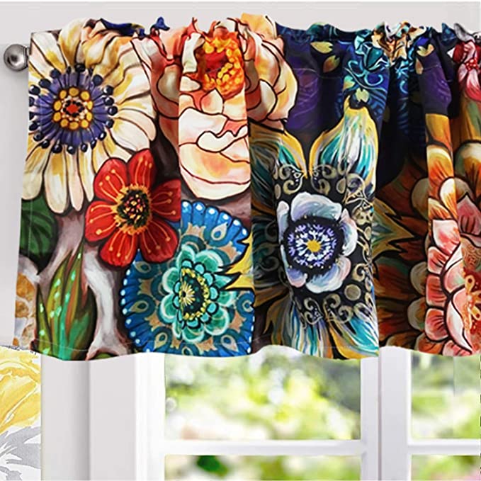 YoKii Room-Darkening Floral-Print Valance Kitchen Curtain, 52×18-Inch