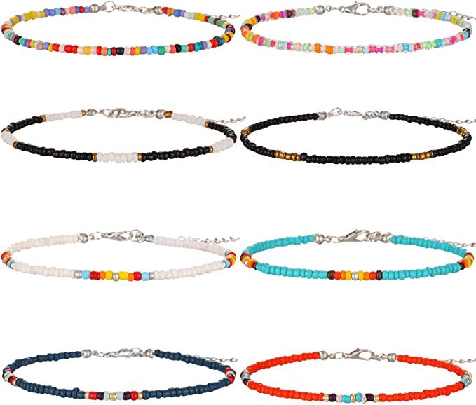 XIJIN Handmade Colorful Beaded Anklet, 8 Count