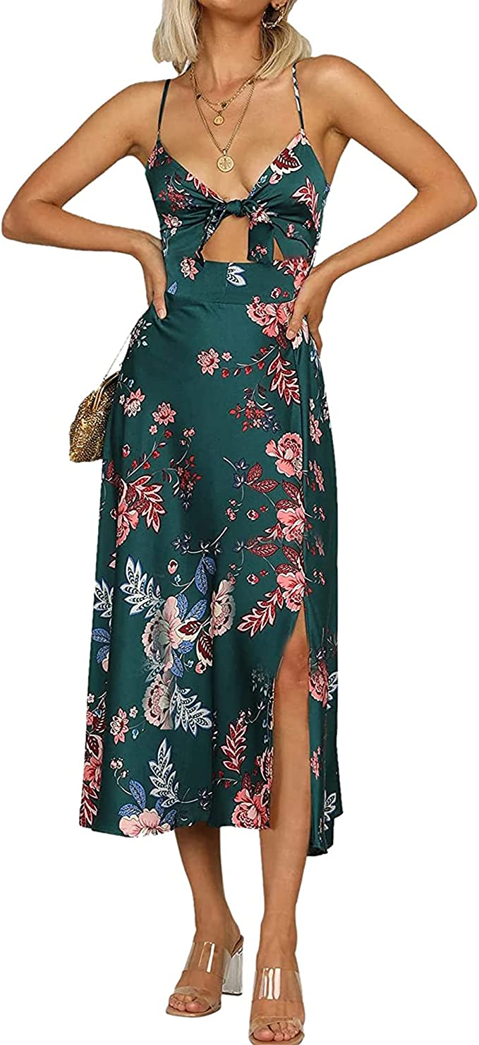 Fashionme Tie Front Spaghetti Strap Floral Midi Dress