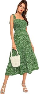 SheIn Tie Shoulder Knot Shirred Floral Midi Dress