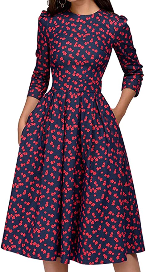 Simple Flavor Round Neck 3/4 Sleeves Floral Midi Dress