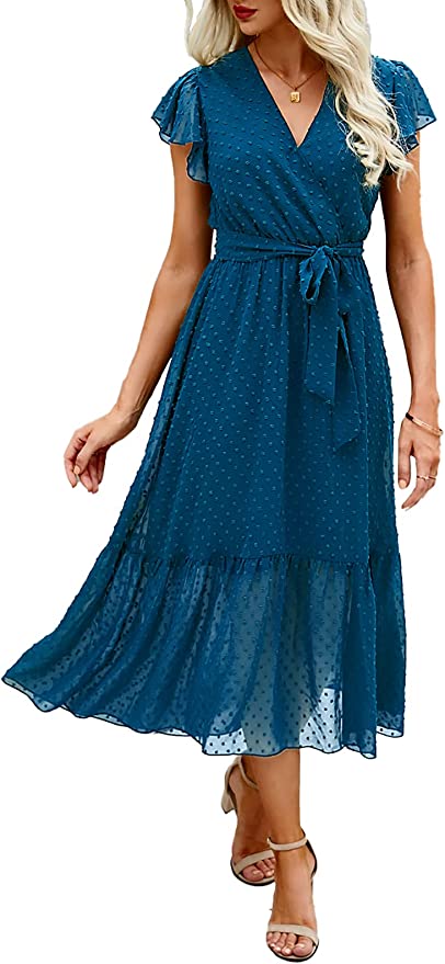 BTFBM Women’s Bohemian Ruffle Midi Wrap Dress