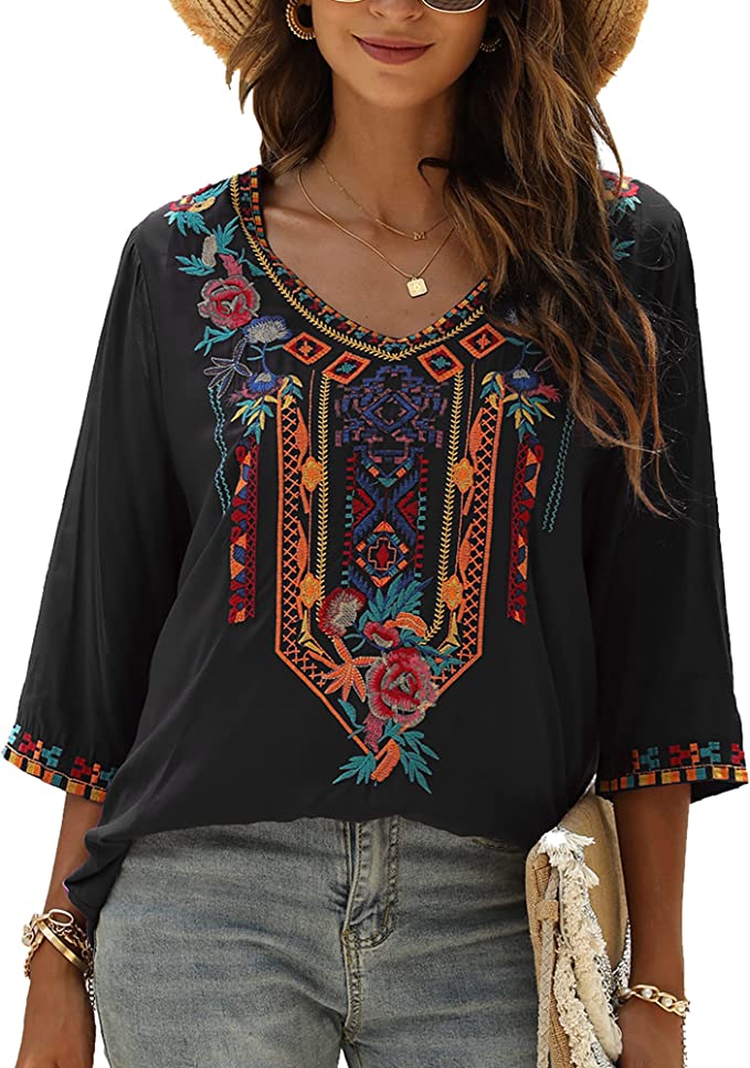 Grosy Scoop Neck 3/4 Sleeve Women’s Bohemian Top