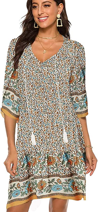 Halife Women’s Printed Tassel Tie Bohemian Tunic Dress