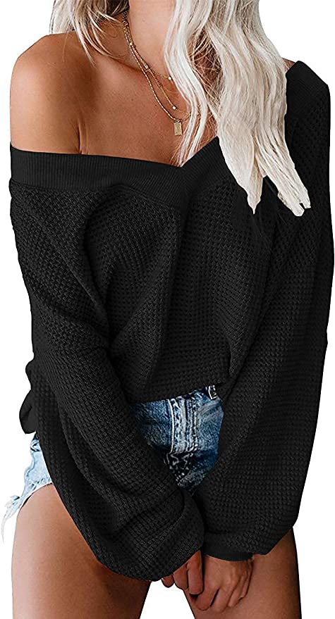 ReachMe V-Neck Off Shoulder Women’s Waffle Knit Top