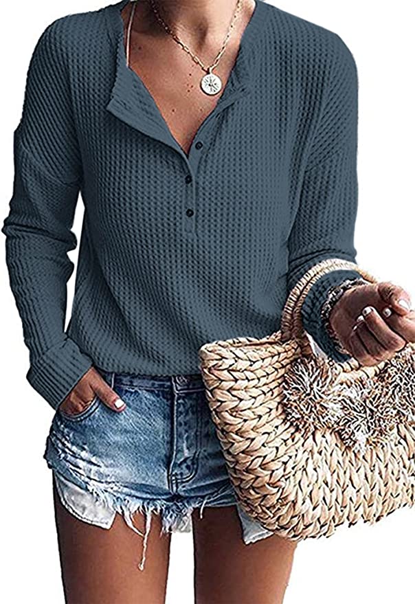 WNEEDU Button Up Henley Women’s Waffle Knit Top