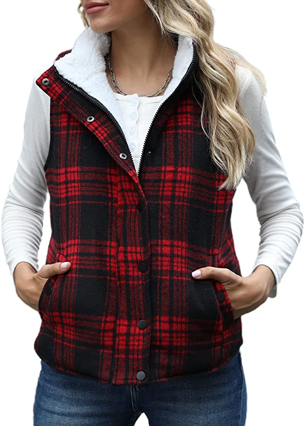 Zilcremo Women’s Buffalo Plaid Sherpa-Lined Vest