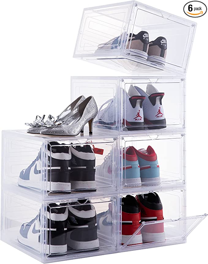 Attelite Stackable Plastic Drop Front Shoe Display Case, 6 Pack