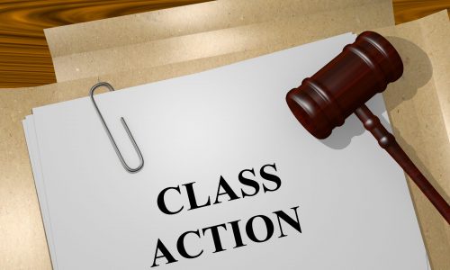 Class action settlement file with gavel