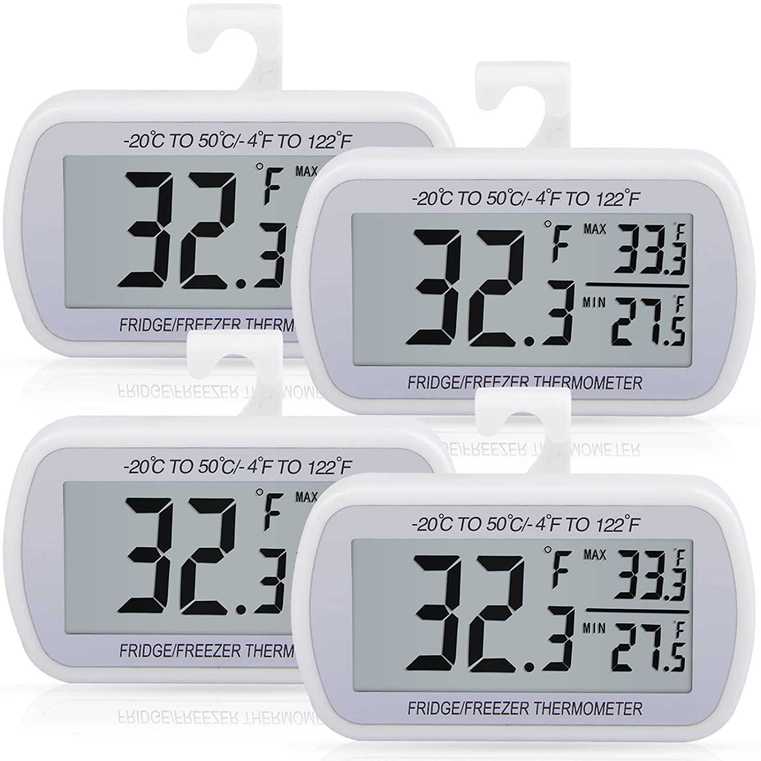 AEVETE Battery Powered Hanging Refrigerator Thermometers, 4-Pack