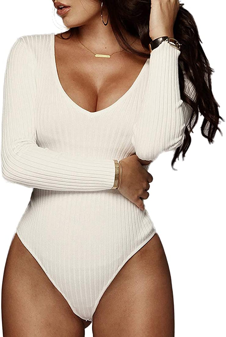 Weigou Ribbed Deep V Neck Long Sleeve Bodysuit For Women