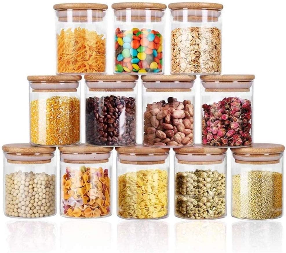 Yibaodan Airtight Bamboo Lids Spice Jars, 12-Pack