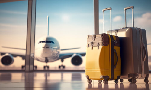 airplane in airport window with luggage