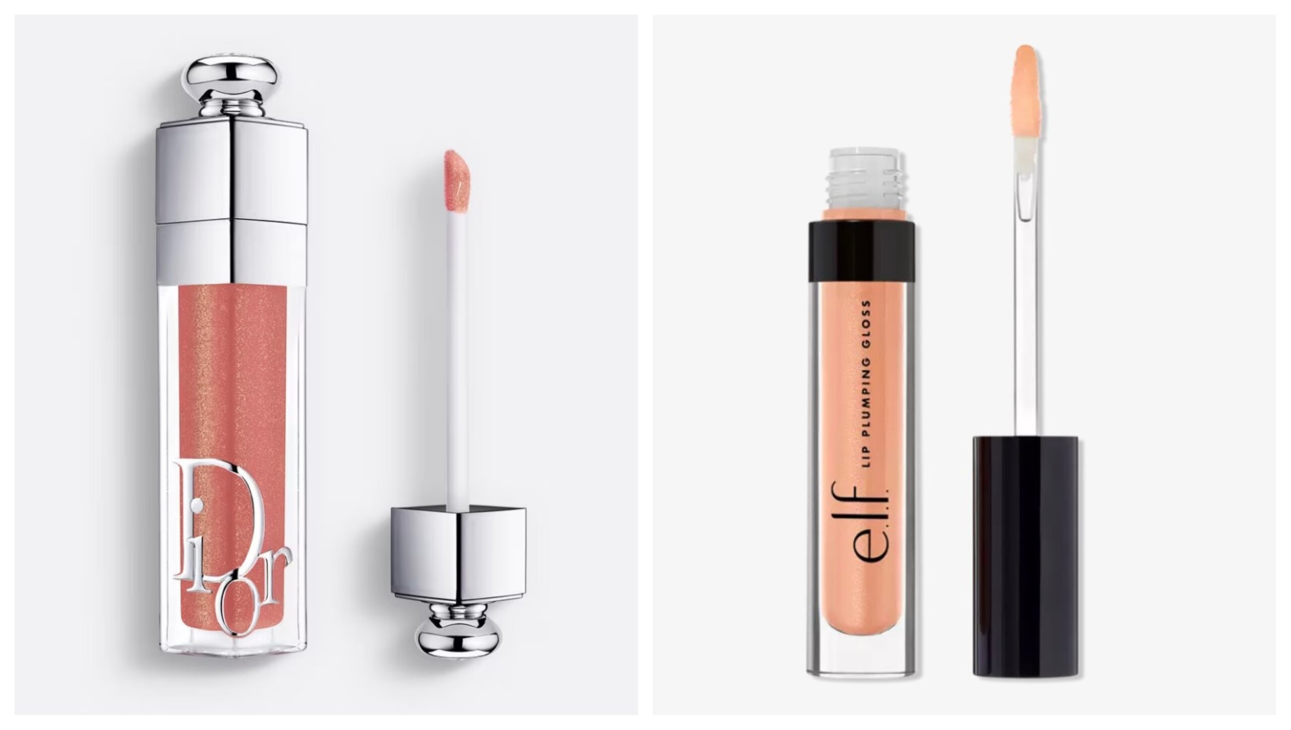 pink dior lip gloss container next to peachy pink elf lip gloss container, both on white backgrounds